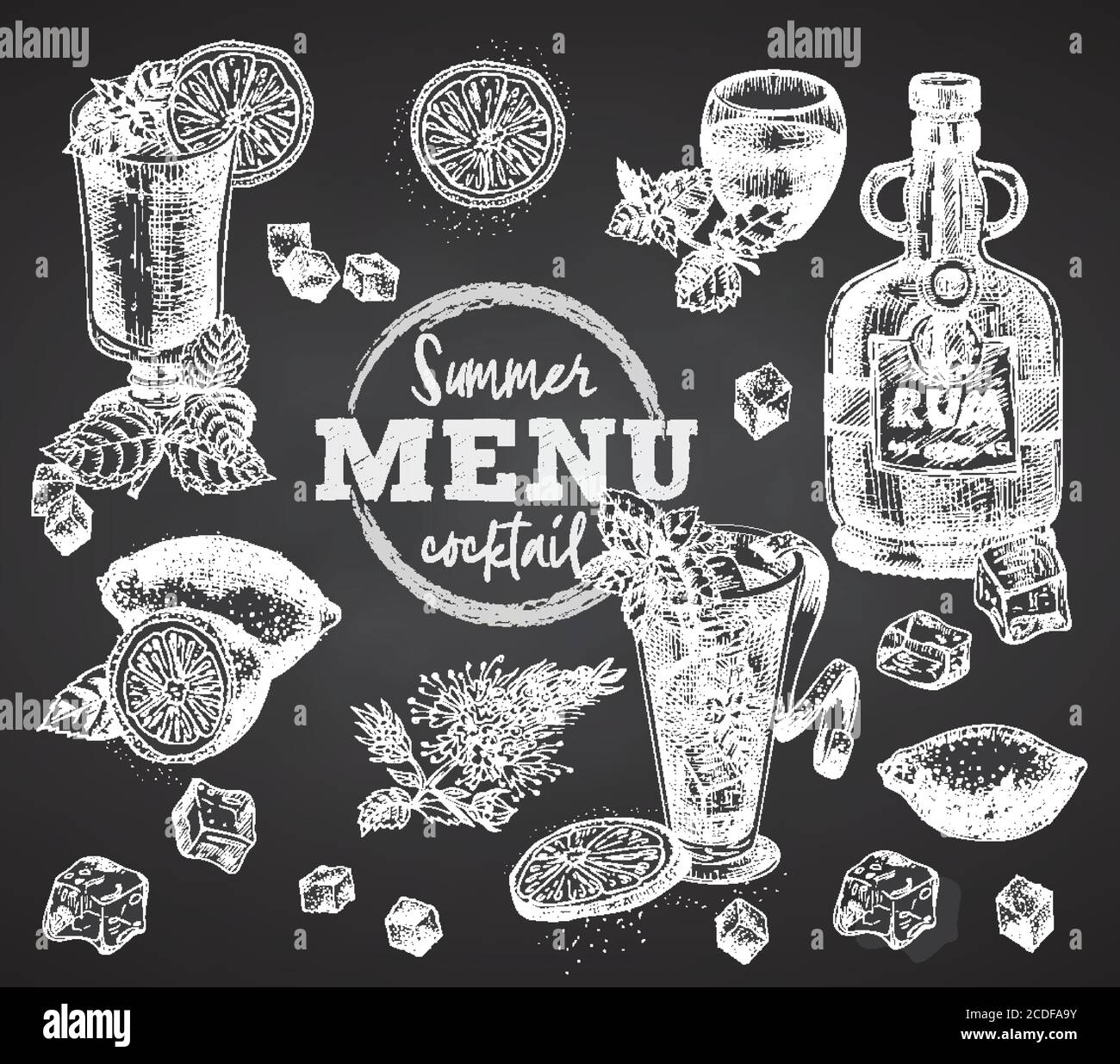 Set bottles Rum, glasses, bourbon, mint, lime, limon, ice on black chalk board background