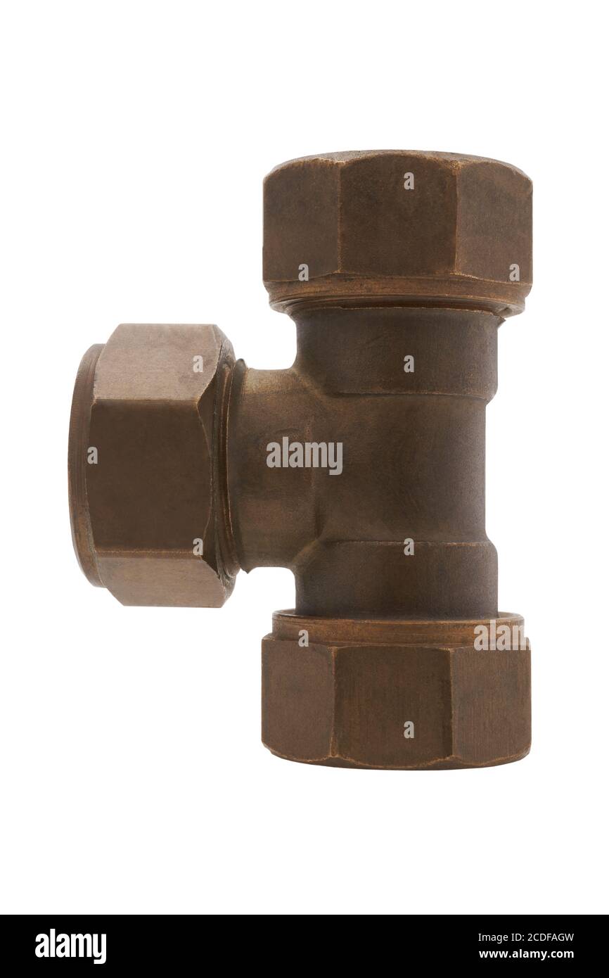 Compression equal tee pipe fitting on white background Stock Photo