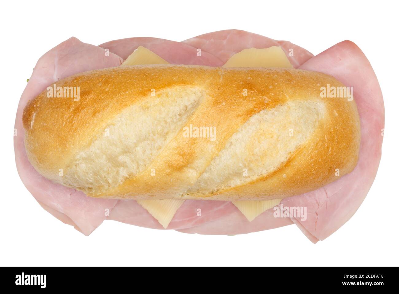 Sub sandwich with ham and cheese from above isolated on a white background Stock Photo