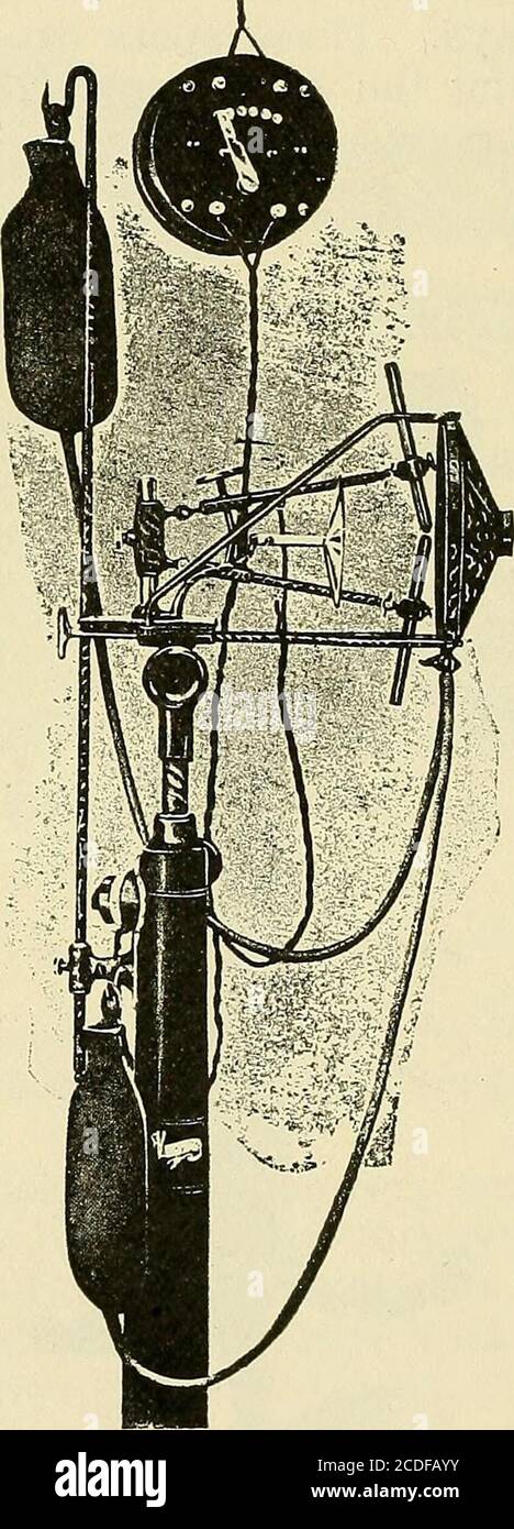 . Electricity in diseases of the eye, ear, nose and throat . Fig. 80.—Therapeutic Arc Lamp 132 PHOTOTHERAPY, The Arc lamp gives a less steady light and re-quires constant supervision, but gives a light of greatintensity and bactericidal power. The Fins en light gives violet and ultra-violetrays, produced by an arc lamp; the heat rays being-. Fig. 81.—The Finsen Lamp for Treatment of Skin Diseases. THERAPEUTIC LAMPS. 133 intercepted by rock crystal lenses. Tlie lamp con-sumes 40 to 80 amperes of current and 45 to 50 volts.The incandescent and open arc lamps may belighted by the direct or altern Stock Photo
