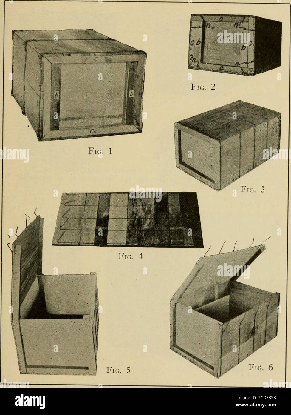 . Wooden box and crate construction . Fig. 2 Fig. 4 176 WOODEN BOX AND CRATE CONSTRUCTION Plate VIII—Wirebound boxes. Fig. 1—Fassnacht box—note method of joining the wires at the corners.Fjg. 2—Method of reinforcing battens, (c) Regular cleats with mortised and tenoned joints, (b) Battens, (n) Cement-coated (7d) nails.Fig. 3—4-one wirebound box closed for shipment. Note position and character of twists for uniting the binding wires.Fig. a—The outer surface of a mat for a 4-one box.Fig. 5—4-one box with inside liners or corner cleats.Fig. 6—4-one wirebound box assembled. APPENDIX 77 Pl.ATK VI Stock Photo