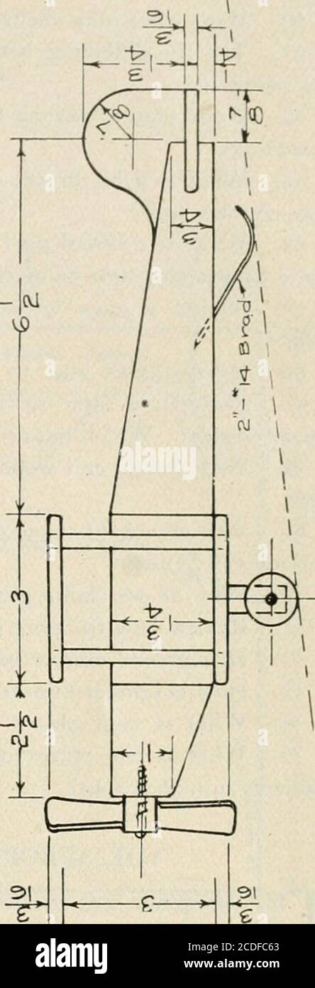 . Industrial Education Magazine . CO. fl- 306 MANUAL TRAINING MAGAZINE 59. With what may paint, varnish filler andstain brushes be cleaned? 60. With what may shellac brushes be cleaned? 61. Tell the difference between plain and quar-ter-sawed oak. 62. Draw plan of sawing for plain and quarter-sawed oak. 63. What is a bit brace, a ratchet bit brace, arose counter sink? 64. What is a dowel pin? When used? Illus-trate by drawing how to mark for dowel joint. 65. Should a joint be sanded or filed to fit?Why? 66. What causes glue to hold wood together? 67. Should the same thickness of glue be usedfo Stock Photo