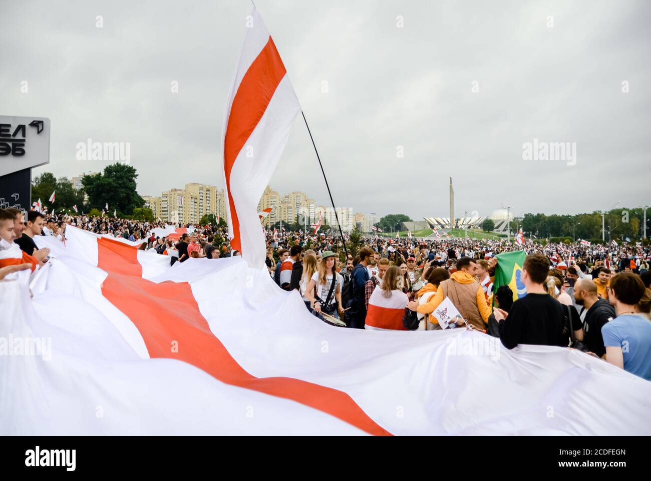 Minsk, Belarus - August 23, 2020: Belarusian people participate in peaceful protest after presidential elections in Belarus Stock Photo