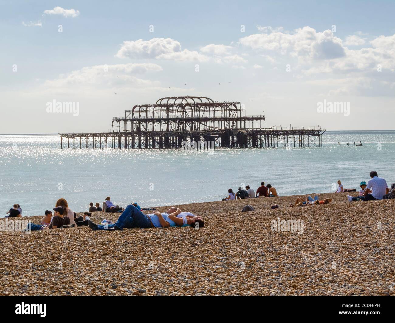 The ruins and structural skeleton of the derelict Brighton West Pier, offshore at Brighton beach, West Sussex, south-east England Stock Photo