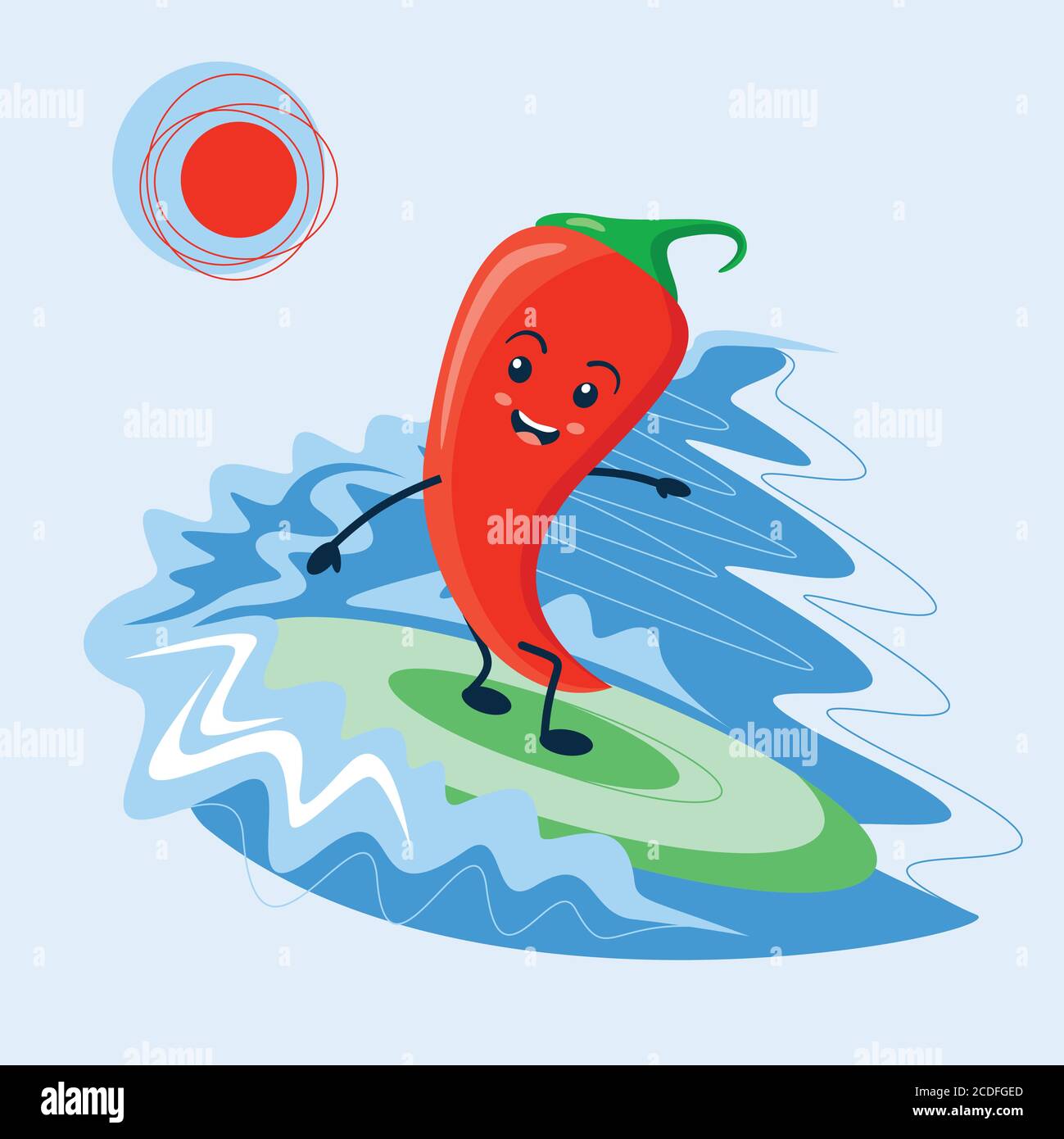 Cheerful red chili pepper cartoon rolls on the sea waves on a surfboard. Bright vegetable hot pepper character. Leisure at sea, sports entertainment, Stock Vector