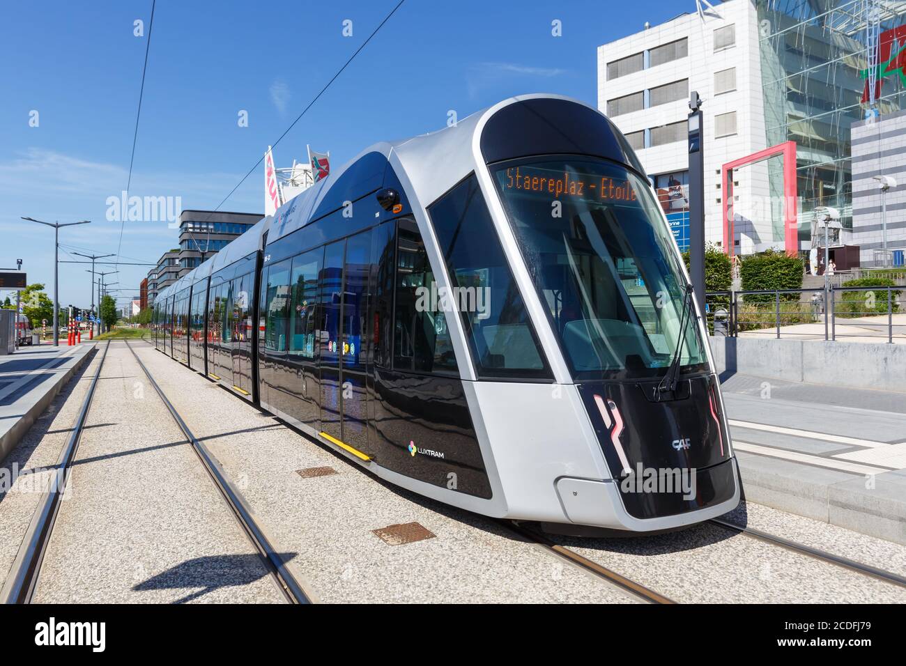 Luxembourg - June 24, 2020: Tram Luxtram train transit transport Alphonse Weicker station in Luxembourg. Stock Photo