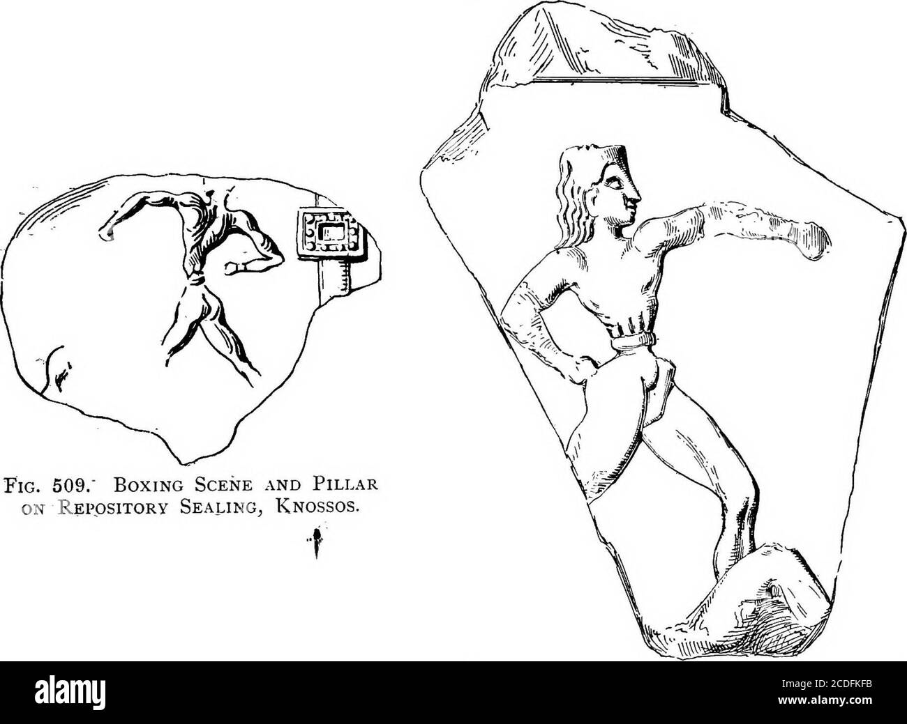 . The palace of Minos : a comparative account of the successive stages of the early Cretan civilization as illustrated by the discoveries at Knossos . Fig. 507. Fragment of Steatite Rhyton,Knossos. Fig. 508. Section of Steatite Rhyton fromH. Triada. lUustra- scenes. A fragment of such a rhyton, of grey steatite, from Knossos, partly steatite^ completed in outline is given in Fig. 507. Here, beneath the prostrate rhytons. Ij^U^ js an oblong block of a peculiar class, which serves the purpose of a capital. But beyond this, doubtless, in either direction extended the triply M. M. Ill : SEAL TYPES Stock Photo