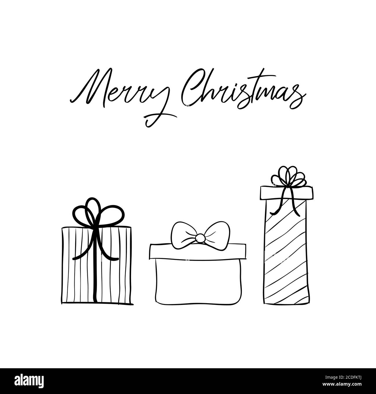 Christmas hand drawn greeting card. Vector minimal card with doodle goft boxes. Merry Christmas Stock Vector