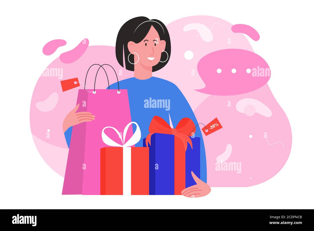 Shop sales vector illustration. Cartoon flat happy woman shopper character holding gift box and shopping bag, shopaholic buyer girl buying present on seasonal discount sale in store isolated on white Stock Vector