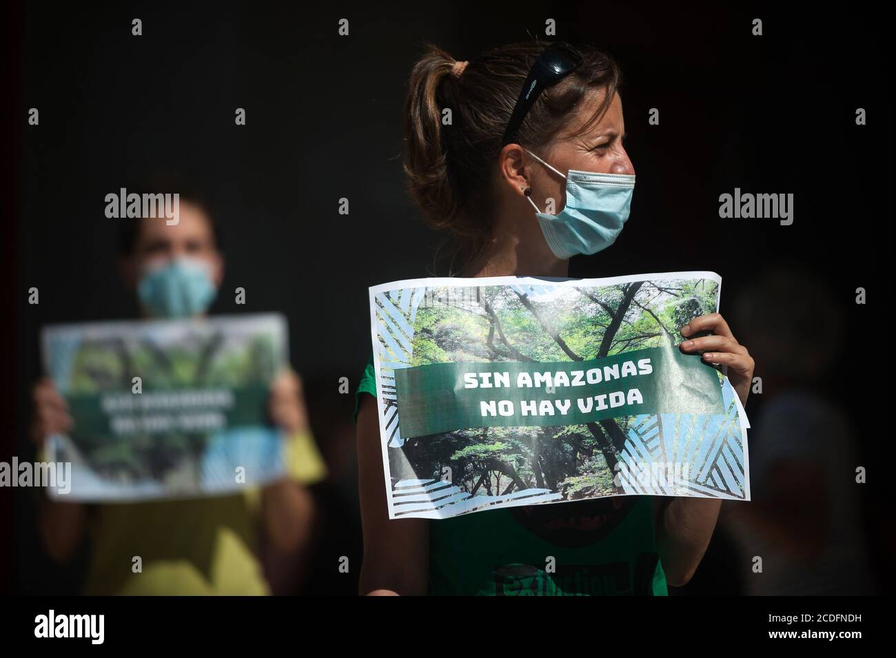 Protesters wearing face masks hold placards expressing their opinion during the demonstration at La Malagueta square in Malaga.From 28 to 30 August members of 'Extinction Rebellion' movement have organized several actions to alert people about the situation of Amazonian Selva, considere the 'lungs of the world'; against commercial treaty between EU - MERCOSUR agreed for Brazilian president Jair Bolsonaro which would cause the deforestation of Amazonia and a negative impact in the climate while forest fires continue rising in the region. Stock Photo