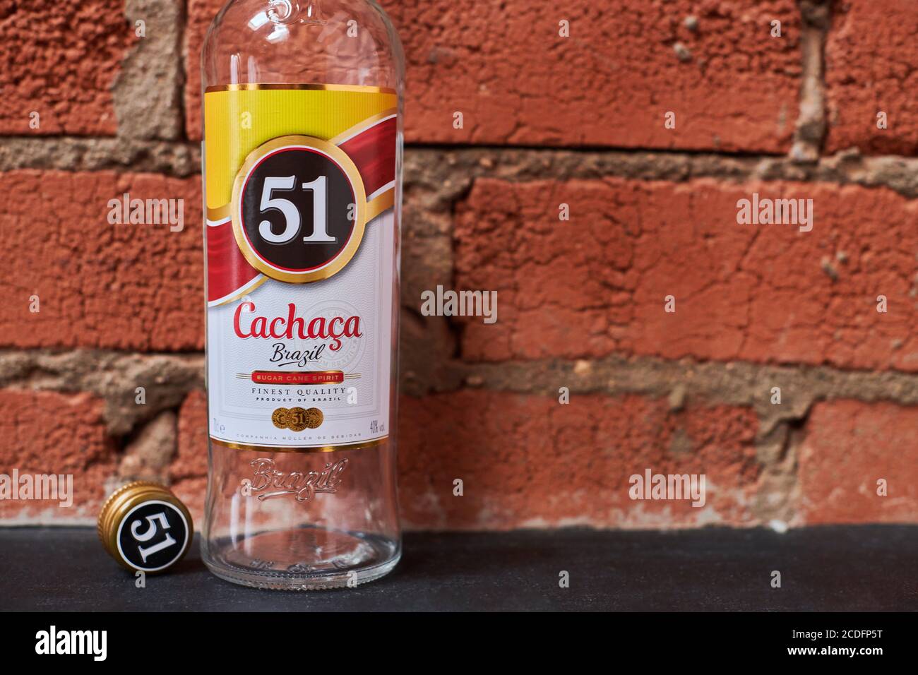 Moscow 23.11.2019 Cachaca 51 bottle. Brazilian rum. Exotic Brazil strong alcohol drink rom