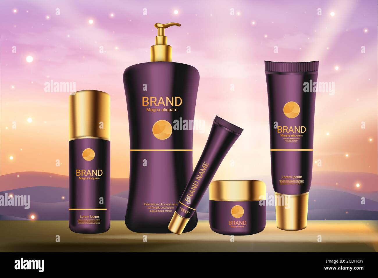 Purple skincare cosmetics series vector illustration. Realistic purple