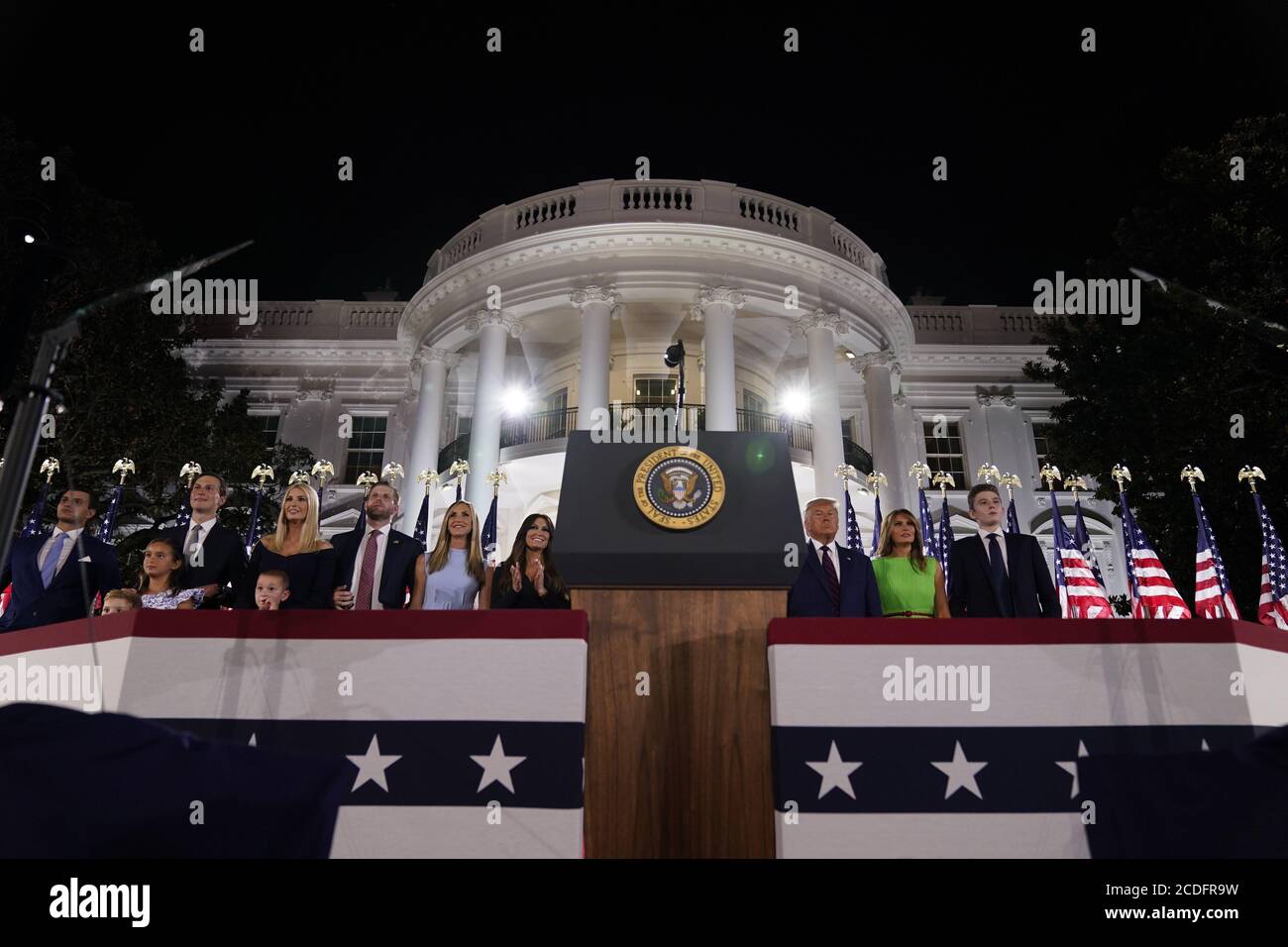 Jared Kushner, Ivanka Trump, Eric Trump, Lara Trump, Kimberly Guilfoyle, Donald Trump, Melania Trump, Barron Trump watch the fireworks display after United States President Donald J. Trump formally accepted the 2020 Republican presidential nomination during his Republican National Convention address from the South Lawn of the White House in Washington, DC on Thursday, August 27, 2020.Credit: Erin Scott/Pool via CNP /MediaPunch Stock Photo