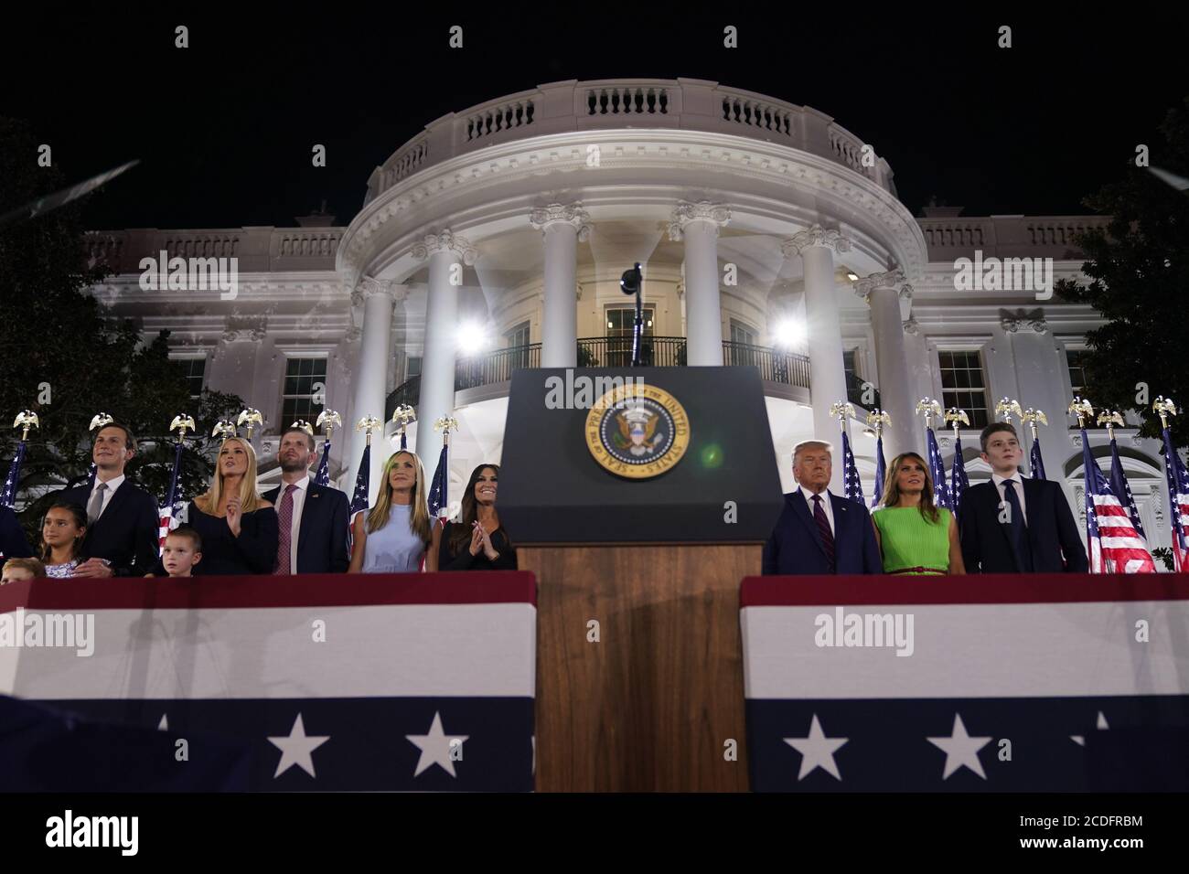 Jared Kushner, Ivanka Trump, Eric Trump, Lara Trump, Kimberly Guilfoyle, Donald Trump, Melania Trump, Barron Trump watch the fireworks display after United States President Donald J. Trump formally accepted the 2020 Republican presidential nomination during his Republican National Convention address from the South Lawn of the White House in Washington, DC on Thursday, August 27, 2020.Credit: Erin Scott/Pool via CNP /MediaPunch Stock Photo