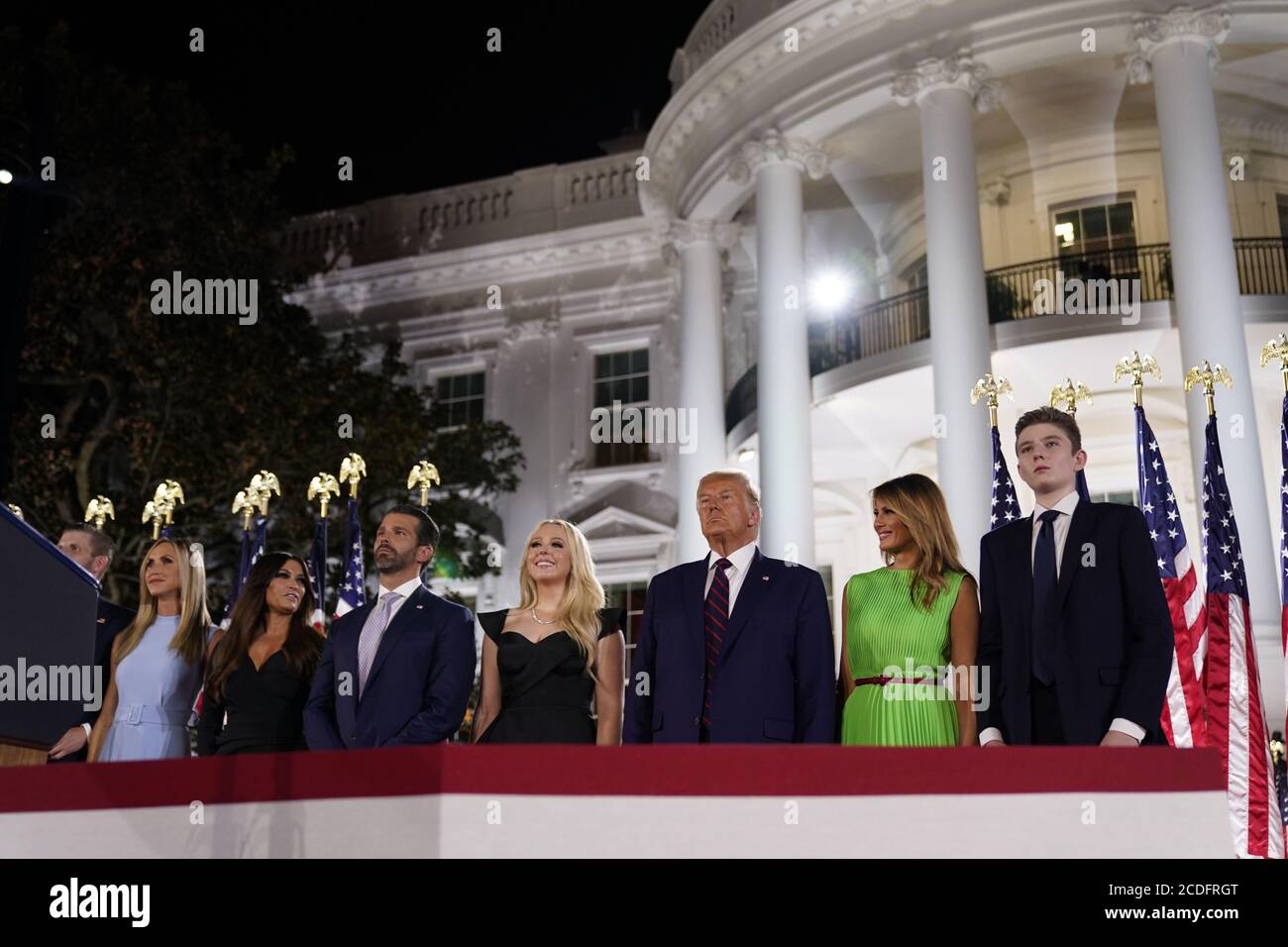 Eric Trump, Lara Trump, Kimberly Guilfoyle, Donald Trump, Melania Trump, Barron Trump watch the fireworks display after the President formally accepted the 2020 Republican presidential nomination during his Republican National Convention address from the South Lawn of the White House in Washington, DC on Thursday, August 27, 2020.Credit: Erin Scott/Pool via CNP /MediaPunch Stock Photo