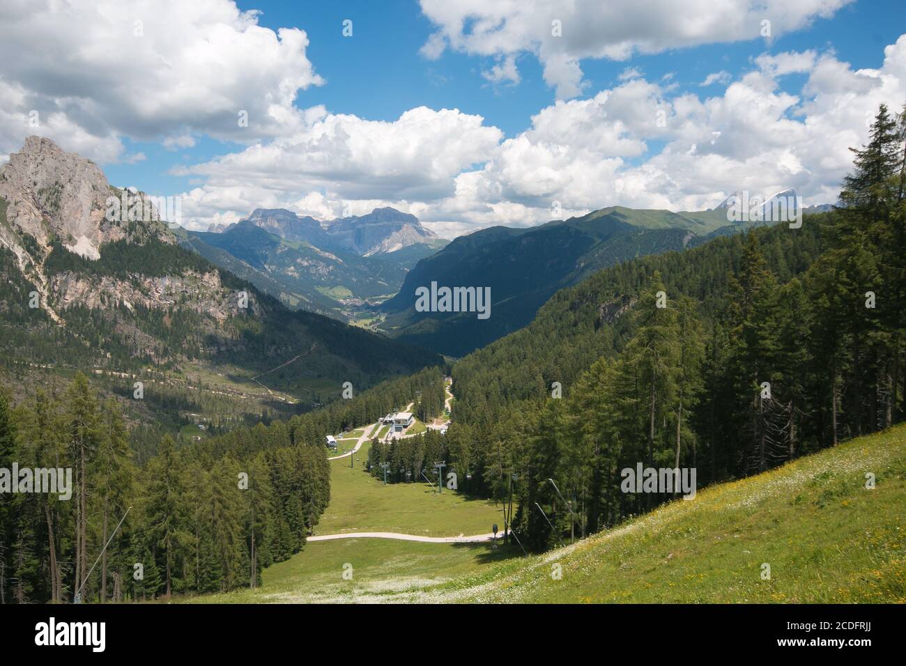 Panoramic view of Val di Fassa on summer day of sun, Trentino Stock Photo
