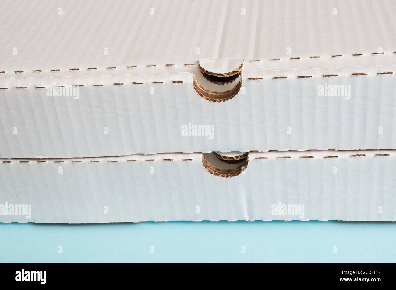 Two white cardboard pizza boxes close up Stock Photo