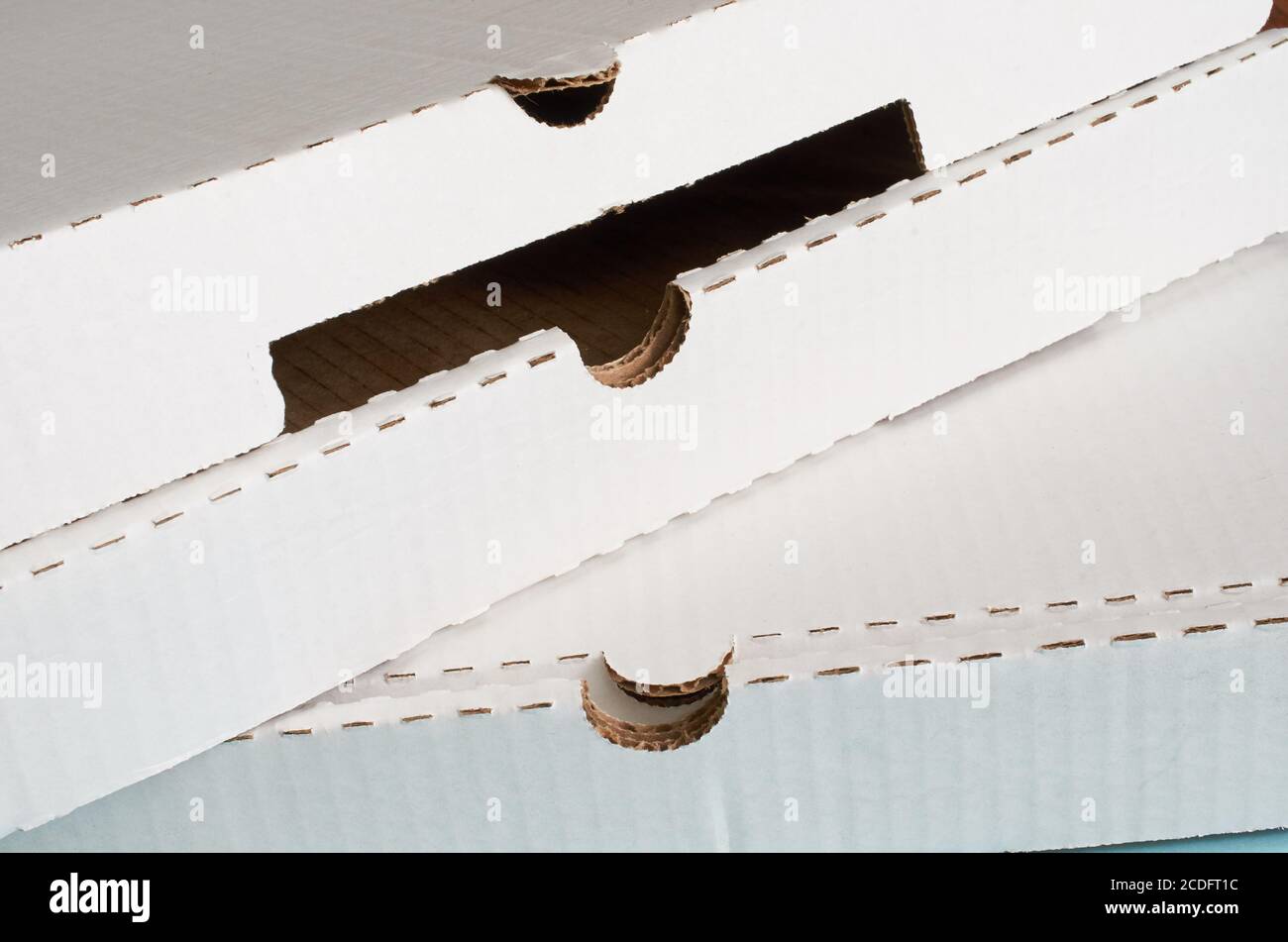 Two white cardboard pizza boxes close up Stock Photo