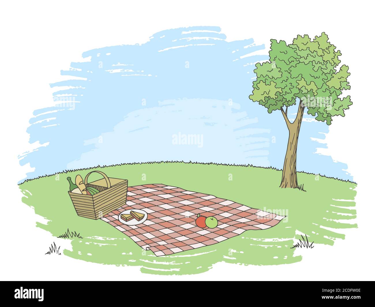 Picnic basket graphic color landscape sketch illustration vector Stock
