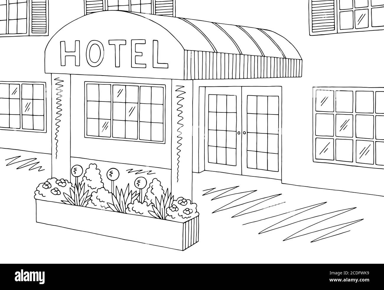 Hotel exterior graphic black white sketch illustration vector Stock Vector