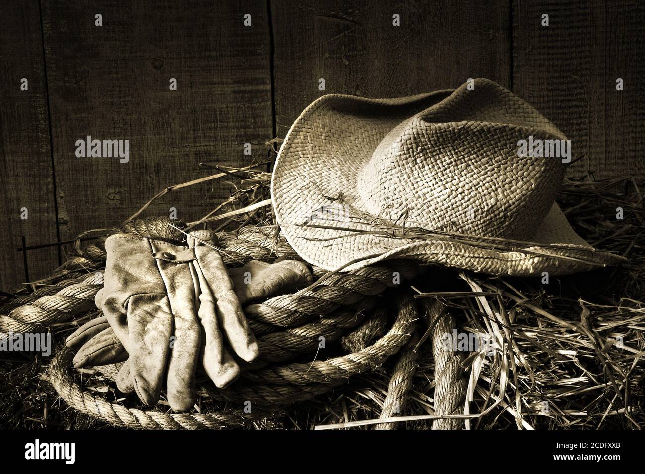 https://c8.alamy.com/comp/2CDFXXB/straw-hat-with-gloves-on-a-bale-of-hay-2CDFXXB.jpg