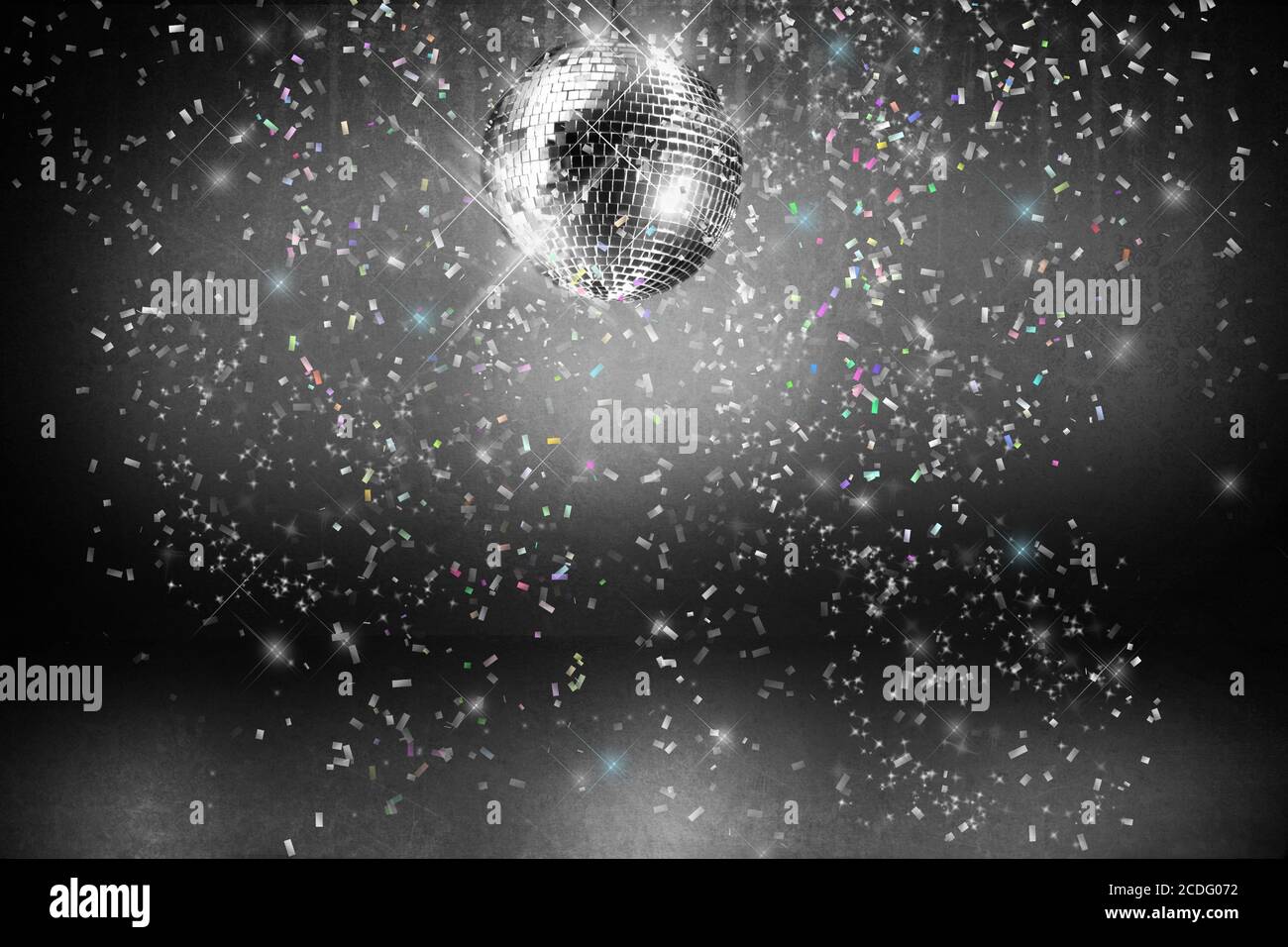 Disco ball with lights and confetti party background Stock Photo Alamy