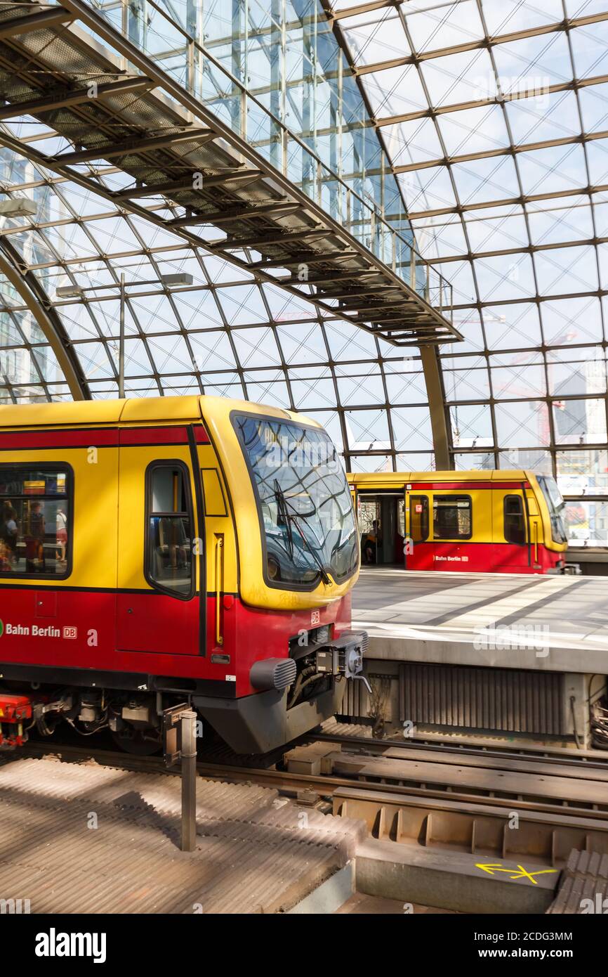 Berlin, Germany - August 20, 2020: S-Bahn Berlin suburban train S Bahn at main railway station Hauptbahnhof Hbf in Germany. Stock Photo