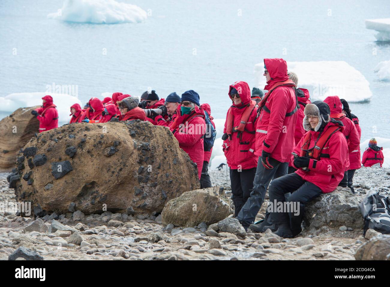 Tourists from the cruise ship G Expedition watching an Adelie penguin colony on Brown Bluff, Antarctica Stock Photo