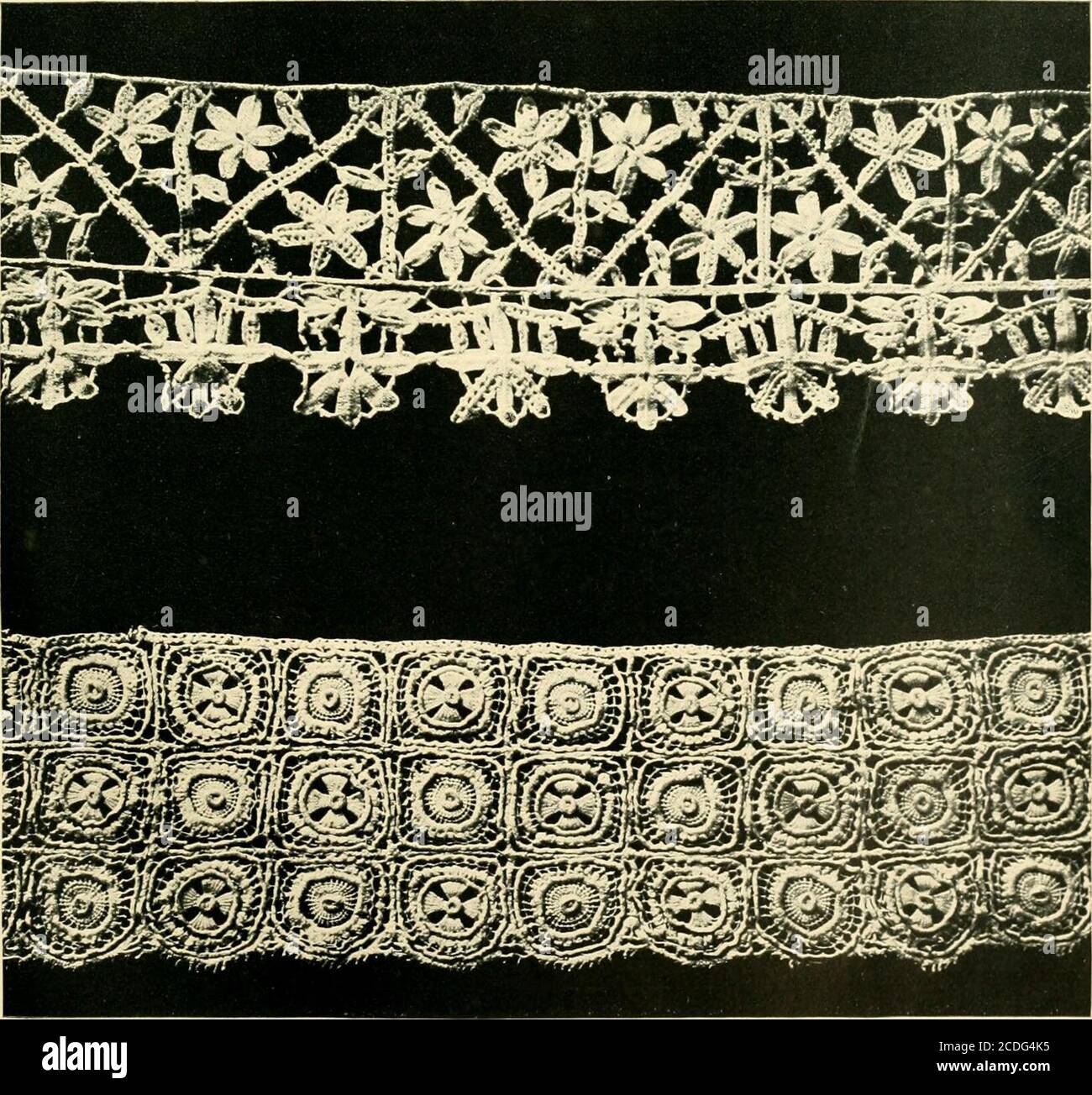 History of lace. Jewish,—Made in Syria. The pattern is only modern Torchon,  but the knotting stitch is their peculiar tradition. Same size. Plate  XXXIII.. Spanish.—The upper one is a copy of
