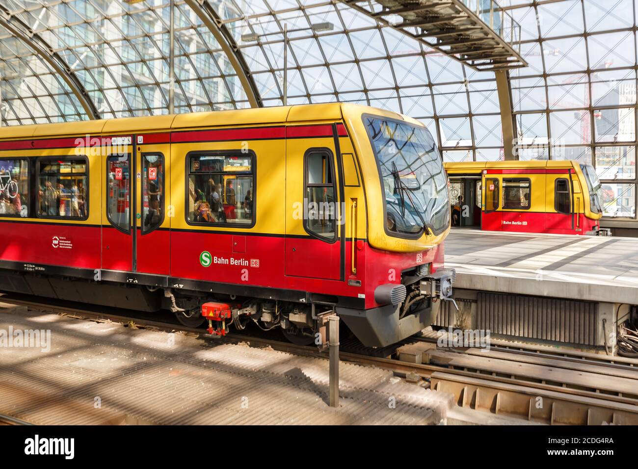 Berlin, Germany - August 20, 2020: S-Bahn Berlin suburban train S Bahn at main railway station Hauptbahnhof Hbf in Germany. Stock Photo