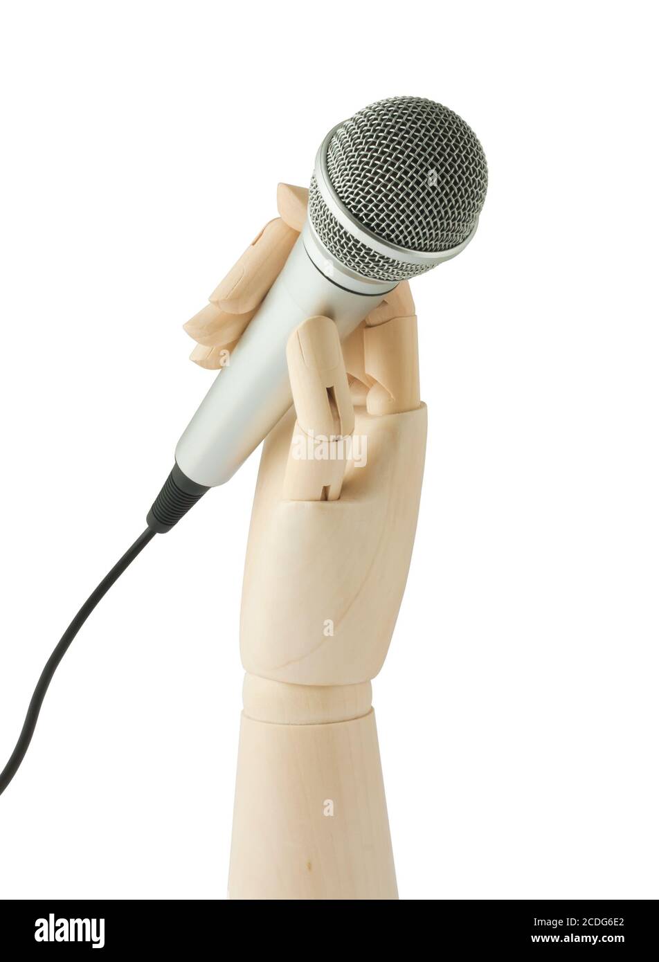 wooden hand holding a microphone Stock Photo