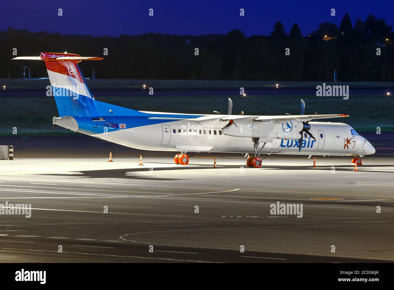 Findel, Luxembourg - June 23, 2020: Luxair Bombardier DHC-8-400 airplane at Findel Airport (LUX) in Luxembourg. Stock Photo