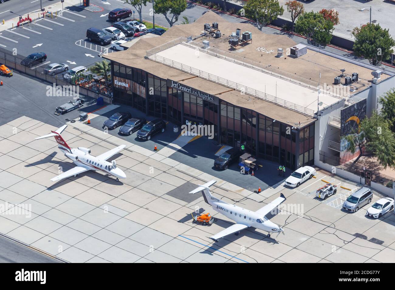 Los Angeles, California - April 14, 2019: SurfAir Pilatus PC-12 airplane aircraft Hawthorne Municipal Airport in California. Stock Photo