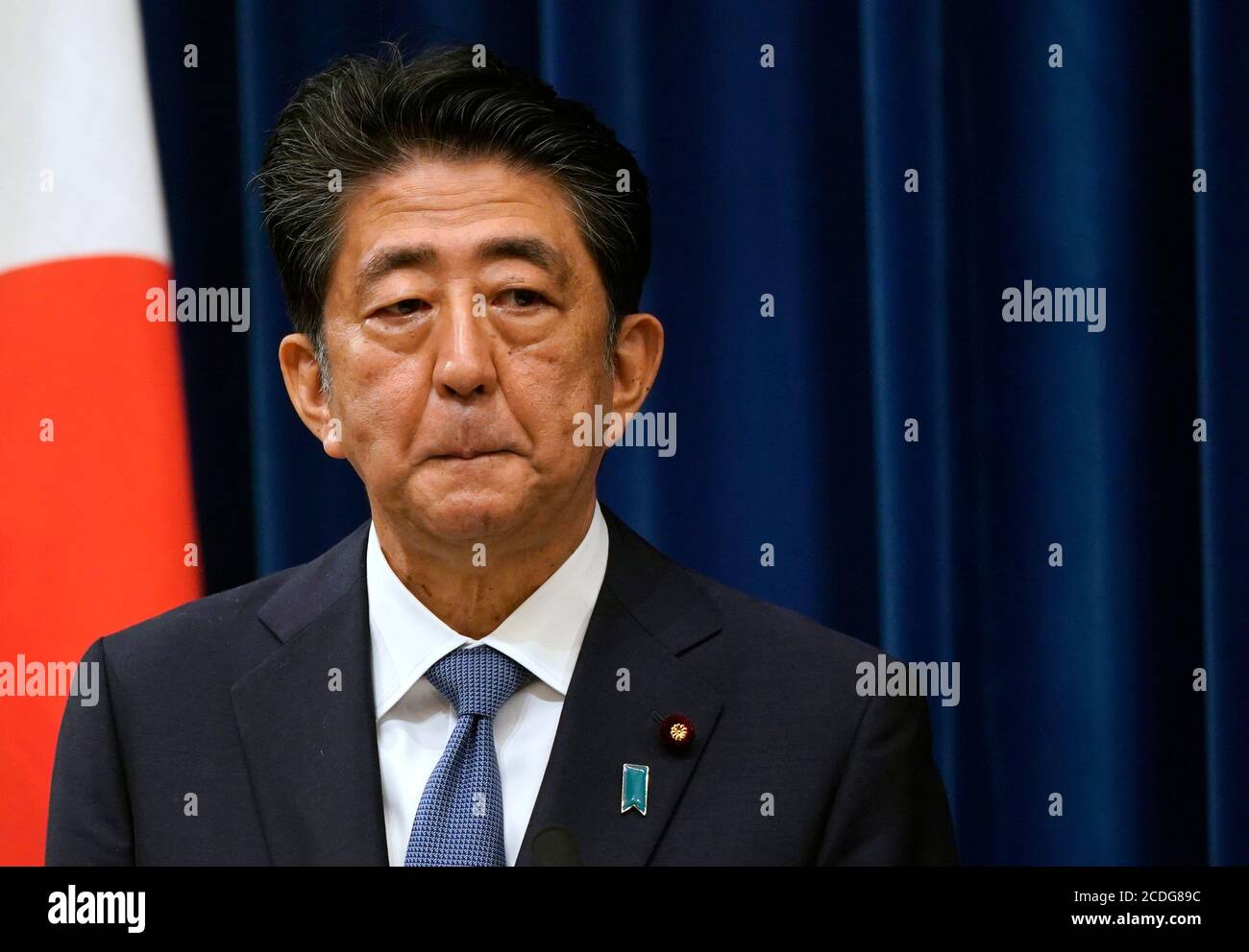 Tokyo, Japan. 28th Aug, 2020. Japanese Prime Minister SHINZO ABE reacts during a press conference at the prime minister official residence in Tokyo, Japan, 28 August 2020. Prime Minister Shinzo Abe announced his resignation due to health concerns. Credit: POOL/ZUMA Wire/Alamy Live News Stock Photo