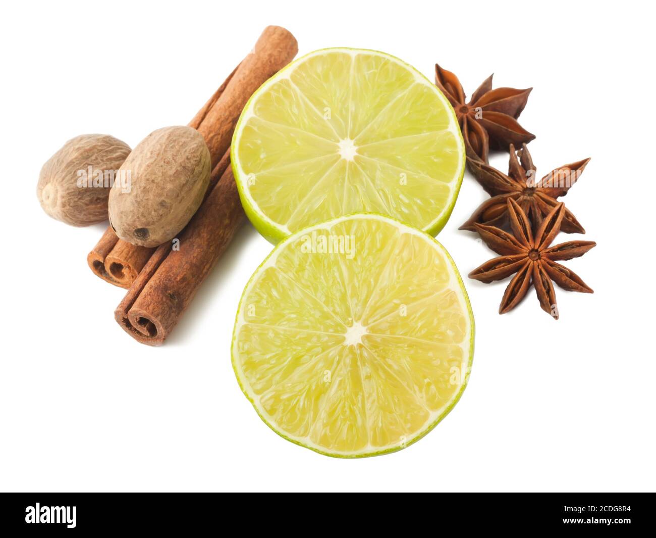 Lime, cinnamon, anis and nutmegs Stock Photo