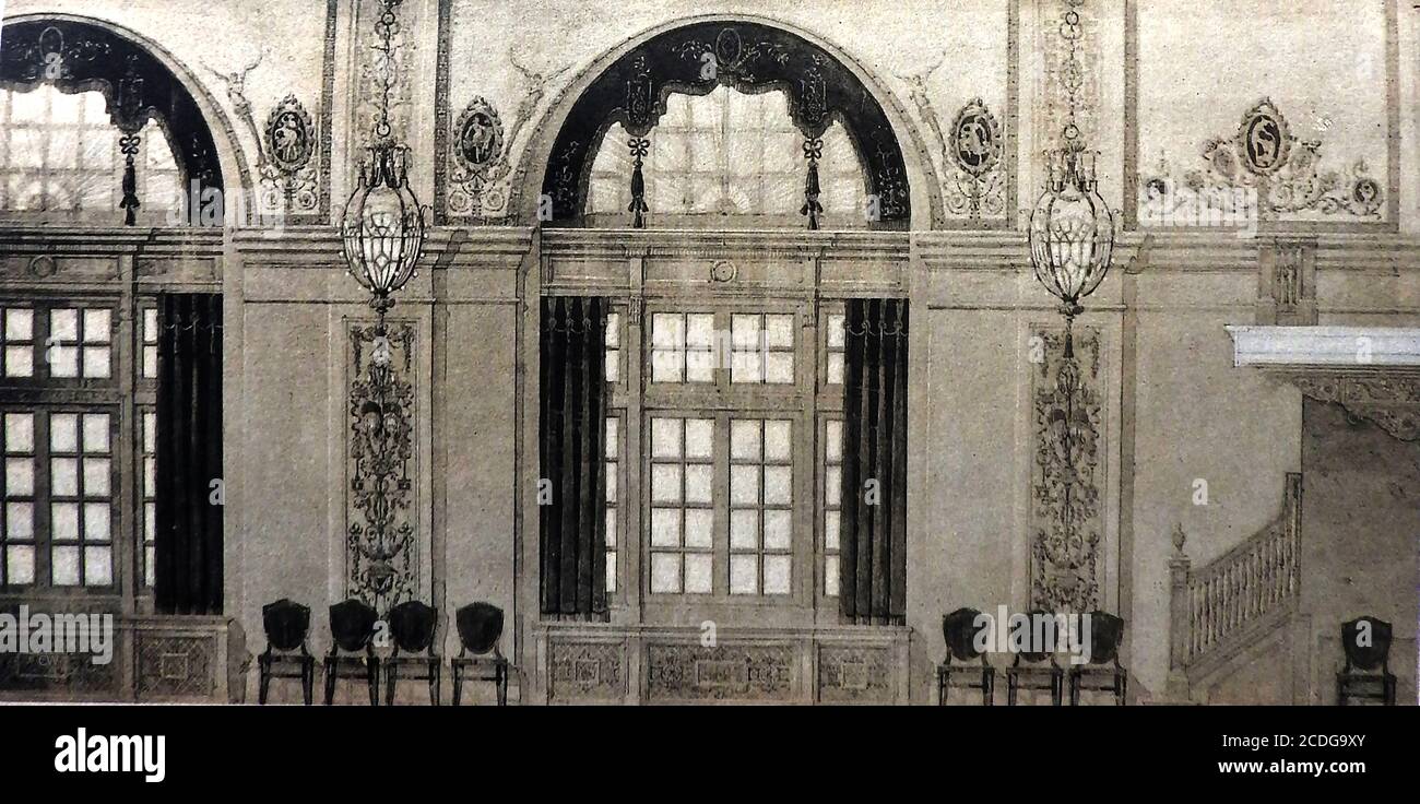Greystone Hall - 1918  Illustration  of the ballroom from the commemorative booklet produced on the opening of the  new Masonic Temple at Akron, Ohio, USA Stock Photo