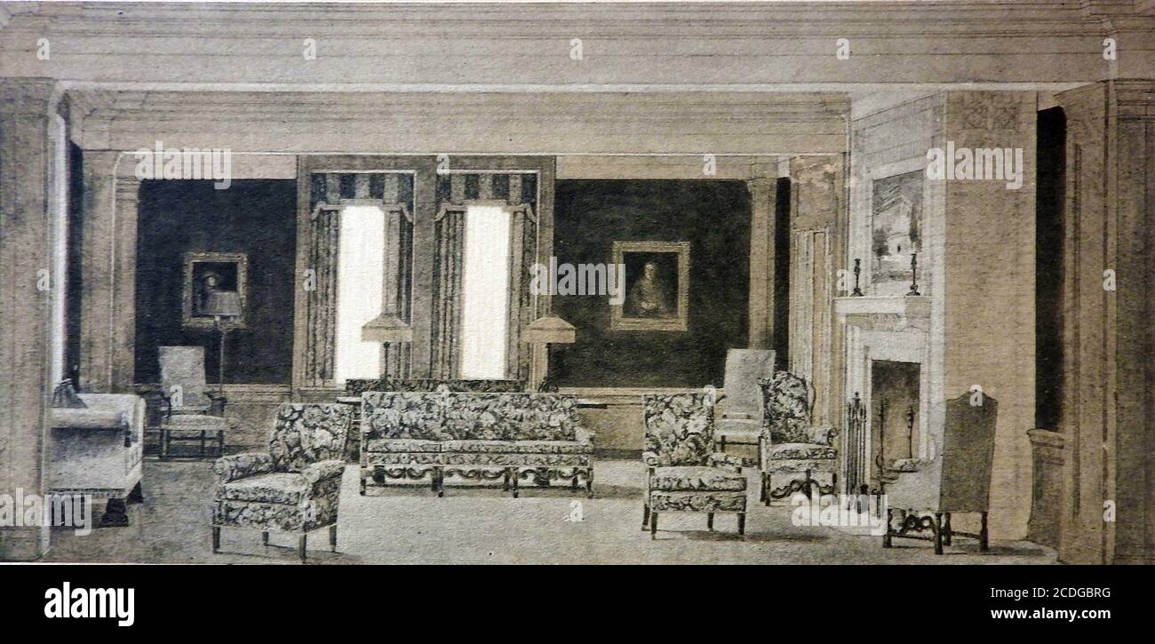 Greystone Hall - 1918  Illustration  of the lounging room from the commemorative booklet produced on the opening of the  new Masonic Temple at Akron, Ohio, USA Stock Photo