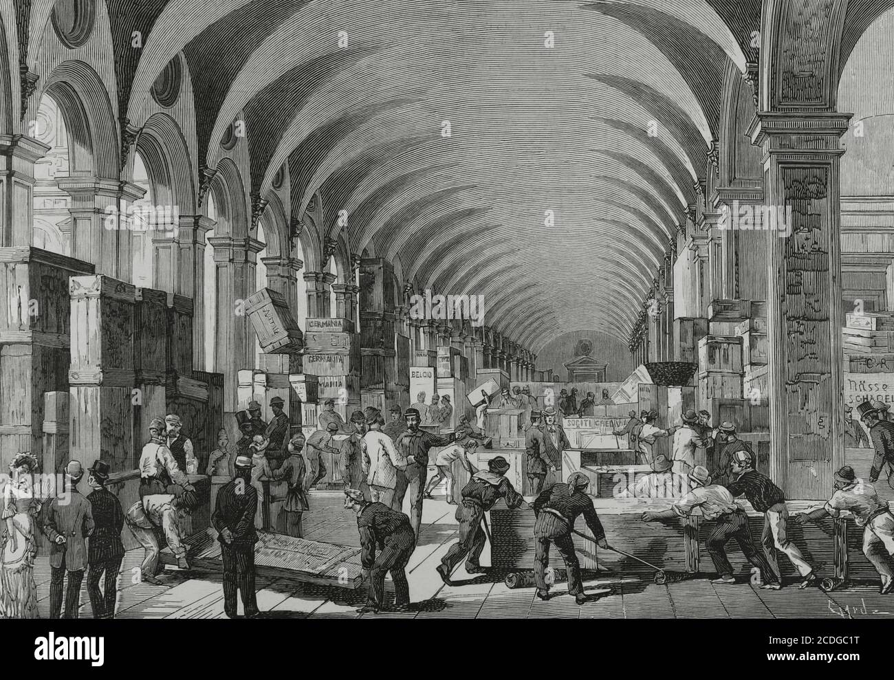Italy, Venice. Third International Geographical Congress and Exhibition, 1881. The courtyard of the Doge's Palace at the arrival of the first shipments. Engraving by Tomás Carlos Capuz (1834-1899). La Ilustracion Española y Americana, 1881. Stock Photo