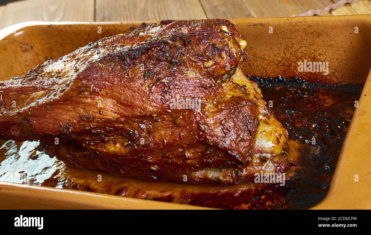 Mustardy pork traditional British square meal close up Stock Photo