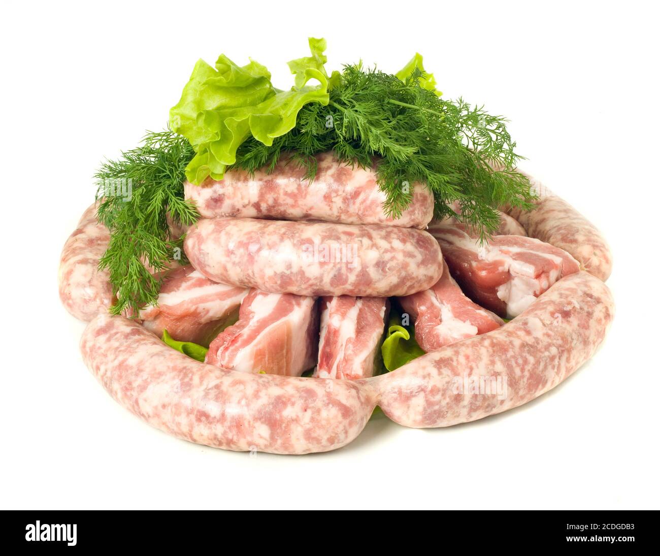 Tasty meat. Pieces of Pork and Sausages Stock Photo - Alamy