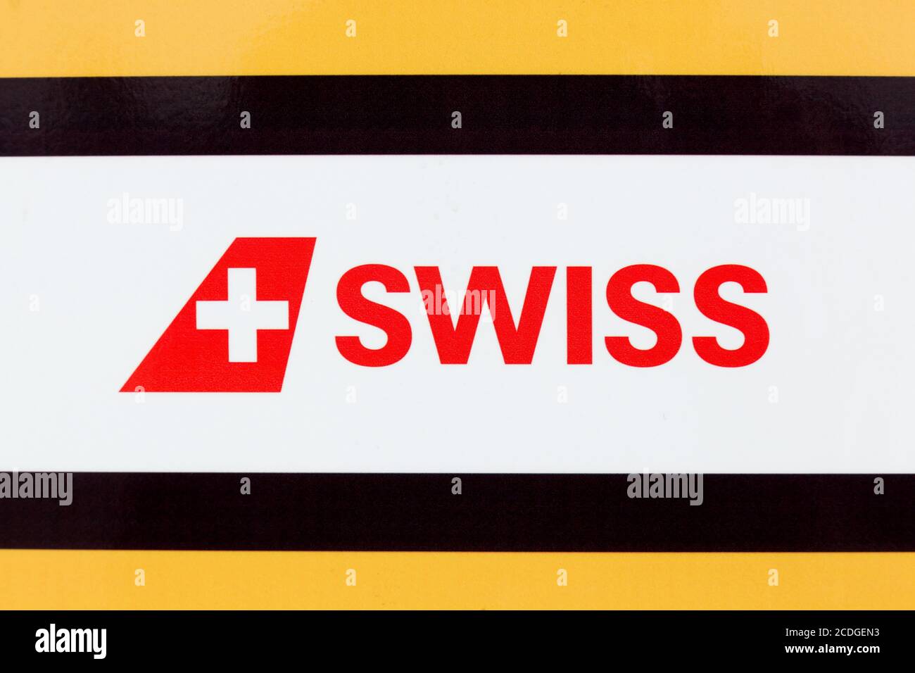 Colombier-Saugnieu, France - March 22, 2018: Swiss International Air Lines logo on a panel. Swiss is the flag carrier of Switzerland Stock Photo