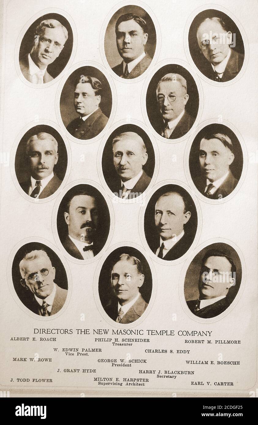 Greystone Hall - 1918  Illustration from the commemorative booklet produced on the opening of the  new Masonic Temple at Akron, Ohio, USA.Portraits of Directors  of the New Masonic Temple Company -Albert E Roach; Philip H Schneider (treasurer); Robert M Pillmore; W Edward Palmer (Vice President); Charles S Eddy; Mark W Roe; George W Schick (President) & William E Boesche Stock Photo