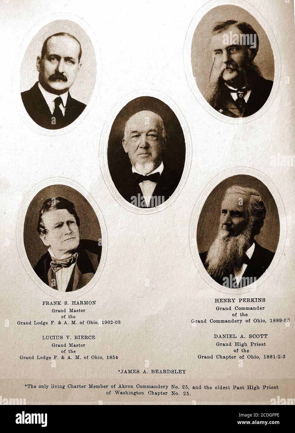 Greystone Hall - 1918  Illustration from the commemorative booklet produced on the opening of the  new Masonic Temple at Akron, Ohio, USA showing portraits of  Grand Officers -  Frank  S Harmon (Grand Master of Grand Lodge 1902-03); Henry Perkins, (Grand Commander of the Grand Commandery of Ohio 1889-90); Lucius V Bierce (Grand   Master of Grand Lodge of Ohio 1854); Daniel A Scott (Grand High Priest of the Grand Chapter of Ohio 1881 / 2 & 3); James A Beardsley (Only living member of  Akron Commandery No. 25 &  oldest Past High Priest of Washington Chapter  No. 25. Stock Photo