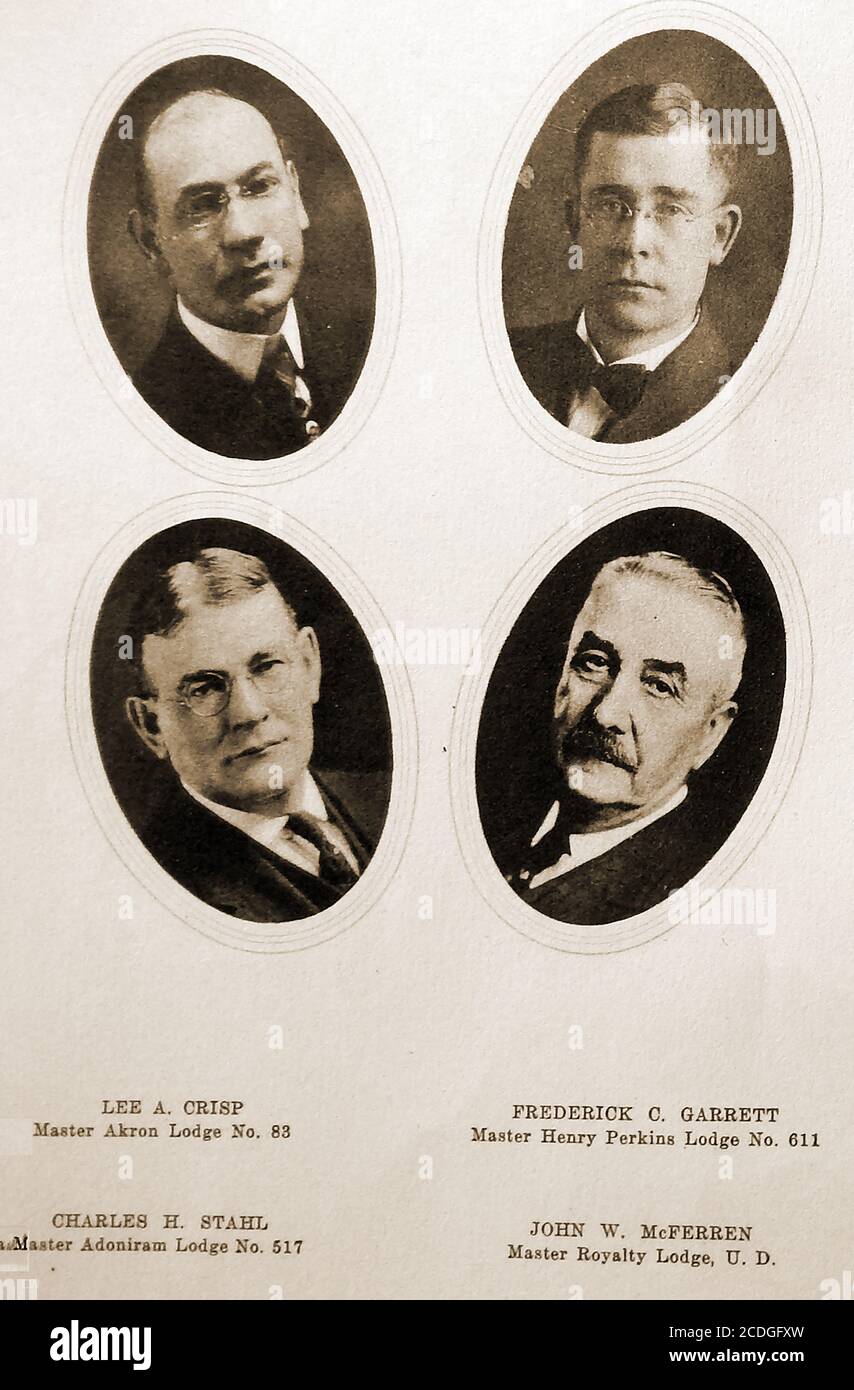Greystone Hall -1918 Illustration from the commemorative booklet produced on the opening of the  new Masonic Temple at Akron, Ohio, USA showing portraits of Lee A Crisp, (Master of  Akron Lodge No. 83); Frederick G Garrett (Master of Henry Perkins Lodge No  611); Charles H Stahl (Master of  Adoniram Lodge No 517) &  John W McFerran (Master of  Royalty Lodge U D) Stock Photo