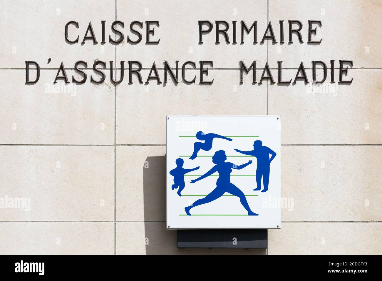 Vienne, France - June 7, 2020: Social security sign on a wall. Illness branch called Assurance Maladie is one of the four branches Stock Photo