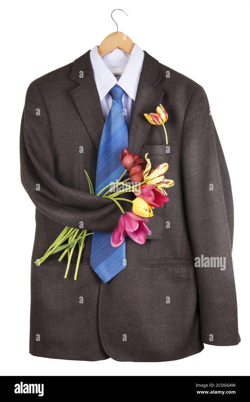 tweed jacket with a bouquet of tulips Stock Photo