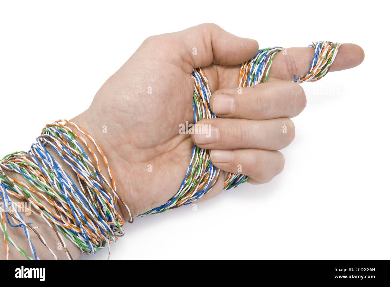 Technician has prepared a computer cable for connection Stock Photo