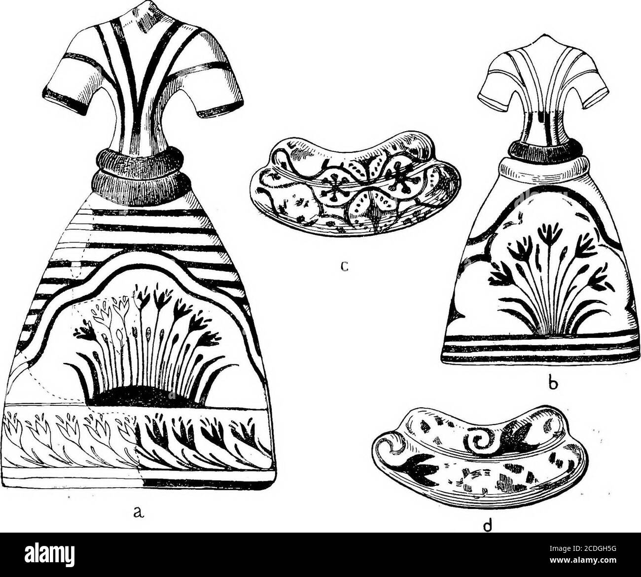 . The palace of Minos : a comparative account of the successive stages of the early Cretan civilization as illustrated by the discoveries at Knossos . e, and a piece of thejacket and laced bodice were well preserved. The girdle presented thesame spiral decoration as the borders of the apron. As in the case of thelast figure, her hair fell down in long tresses to the hips. We have here. The connexion with the lion recalls theEgyptian representations of Semitic Goddessesassimilated to Hathor. The Moon Goddess,Qetesh, stands on a lioness. Ashtoreth hasa lions head. As the great Goddess of Den- de Stock Photo