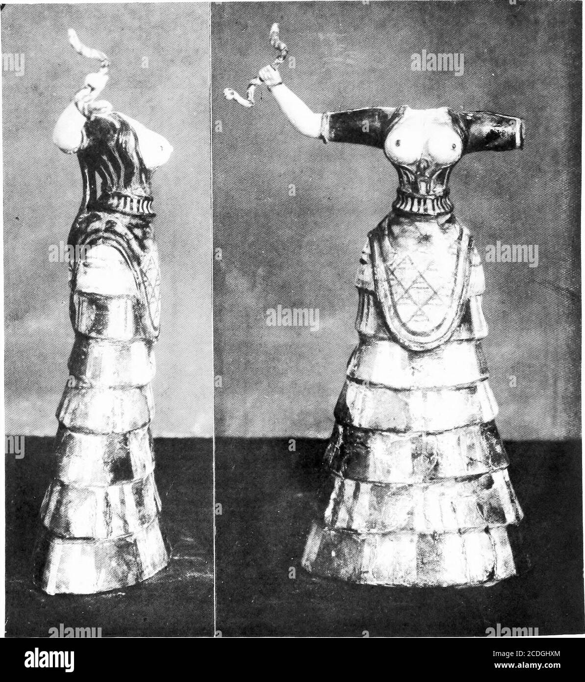 . The palace of Minos : a comparative account of the successive stages of the early Cretan civilization as illustrated by the discoveries at Knossos . Fig. 359. Back View of FaienceFigure of Snake Goddess, {c. f) 502 THE PALACE OF MINOS, ETC.. Fig. 360, a, b. Faience Figure of Votary (or Double) of Snake Goddess, {c. f) M.M. Ill: THE SNAKE GODDESS AND RELICS 503 position. The skin here is pure white, the bodice a dark orange with purplish-brown bands, and the rest of the dress shows designs of the same purplish-bi-own on a pale -ground. These represe»*atlons, including the back view shown in F Stock Photo