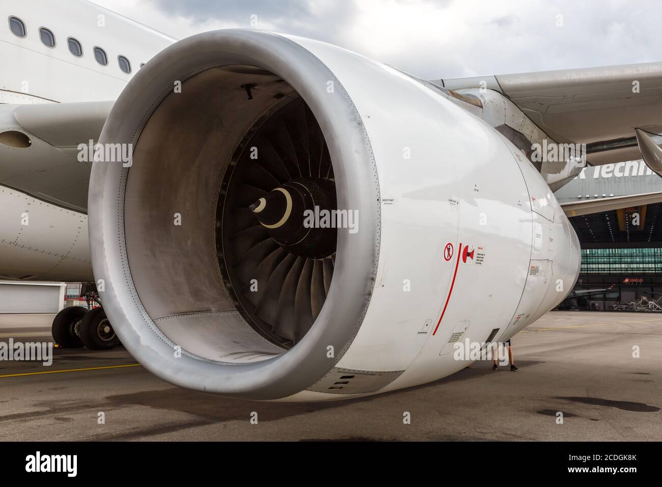 Zurich, Switzerland - July 22, 2020: Swiss Airbus A330-300 Rolls-Royce Trent RB211 airplane engine at Zurich Airport (ZRH) in Switzerland. Stock Photo